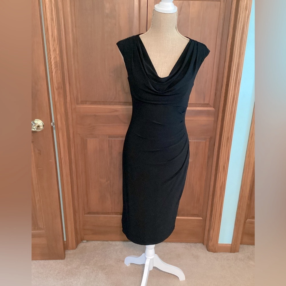 Lauren by Ralph Lauren Black Sheath Midi Dress Cowl Neck Sleeveless